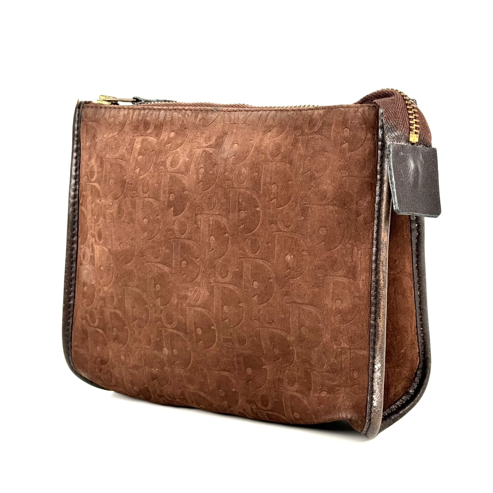Pochette Christian Dior Trotter daim cuir marron authentique