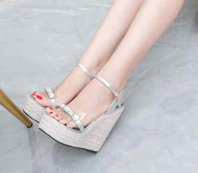 Damen Sandalen Keilabsatz 14 cm Plateau Plateau Silber Kordel Kunstleder 32893