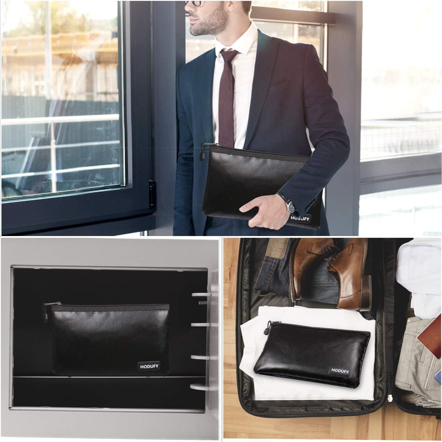 Fireproof and Waterproof Black Money Bag Set - Ultimate Protection for Valuables