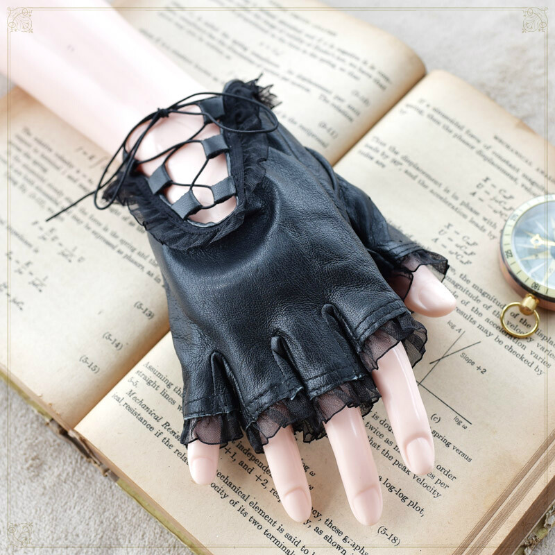 Women Gloves Gothic Lace Lolita Vintage Fingerless PU Leather