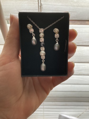 Silver Pearl Necklace With Earrings Blue White Grey Pearls - Picture 10 of 11