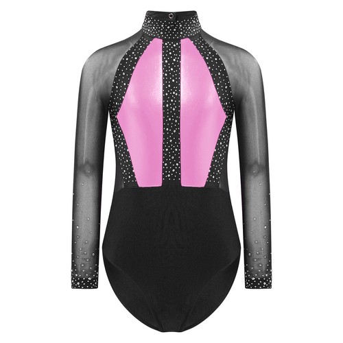 Kids Girls Outfits Rhinestones Suit Leotard Set Figure Costume Sheer Mock Neck - Picture 59 of 80