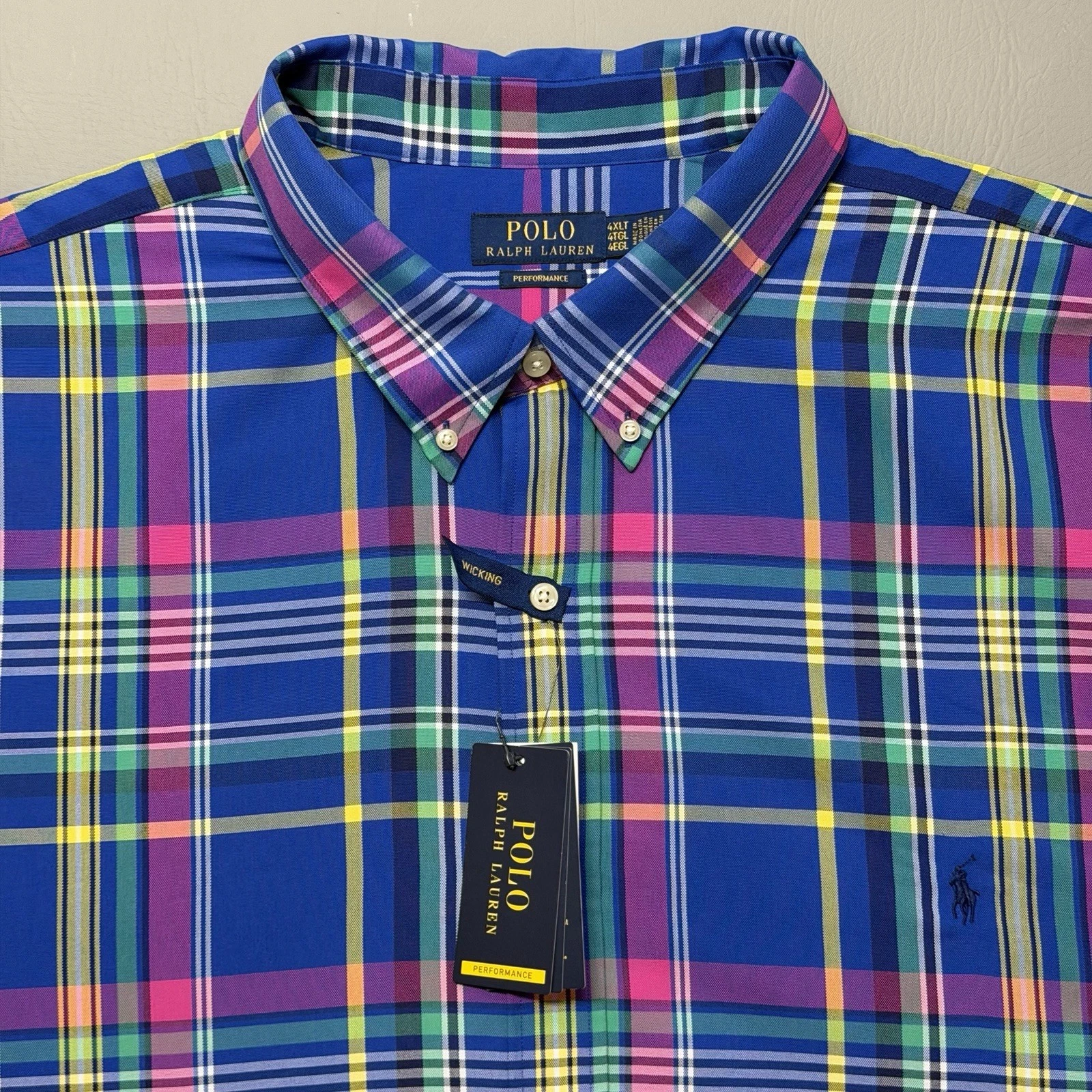 Polo Ralph Lauren Oxford LS Button Up Plaid Shirt Mens 4LT 4XL Tall Blue PRL