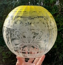 Victorian Yellow/Green Acid Etched Ribbed Glass Globe Oil Lamp Shade