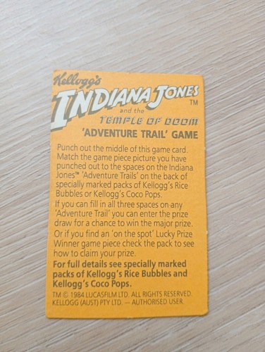 KELLOGG'S CARD: INDIANA JONES & THE TEMPLE OF DOOM ADVENTURE AUS TRAIL GAME 1984 - Picture 2 of 2