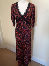 RIXO 'ANNINA' BLACK AND RED POPPY PRINT MIDI DRESS WITH LACE TRIM - SIZE 14