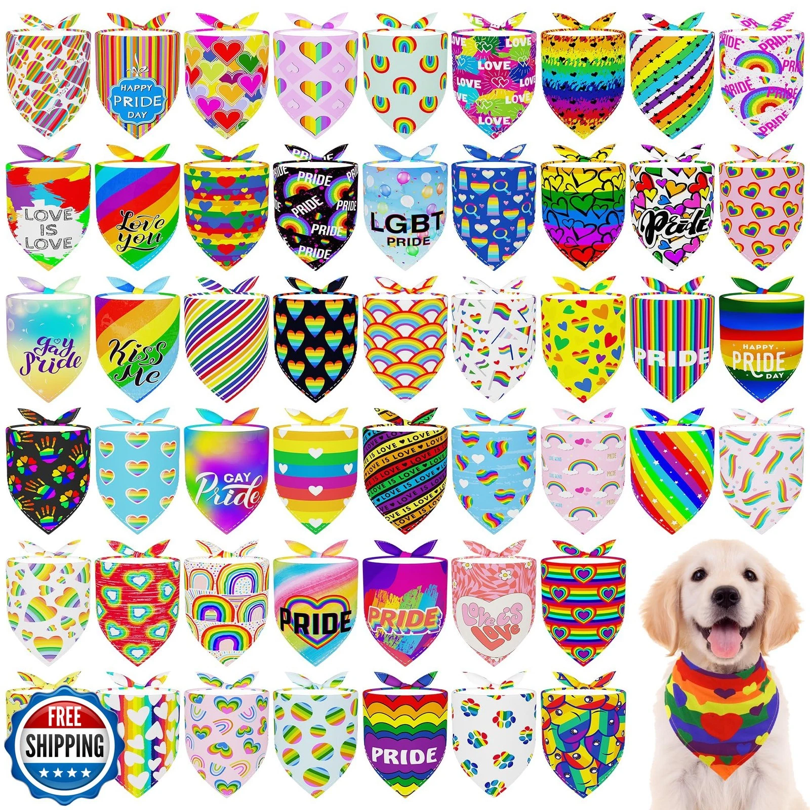 JpGdn 100PCS Pride Day Dog Bandanas Bulk Rainbow Adjustable Triangle Bibs Sca