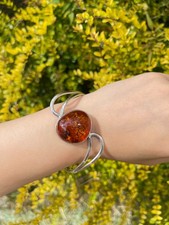 Vintage Retro  Sterling Sliver Nutural Amber Open Bangle Hallmarked Boxed (23g)