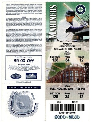 2001 Seattle Mariners vs Detroit Tigers Ticket Stub Aug. 21, 2001 John Olerud 