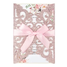 50PCS Wedding Invitation, Pink Laser Cut Invitations with Envelopes and RSVP ...