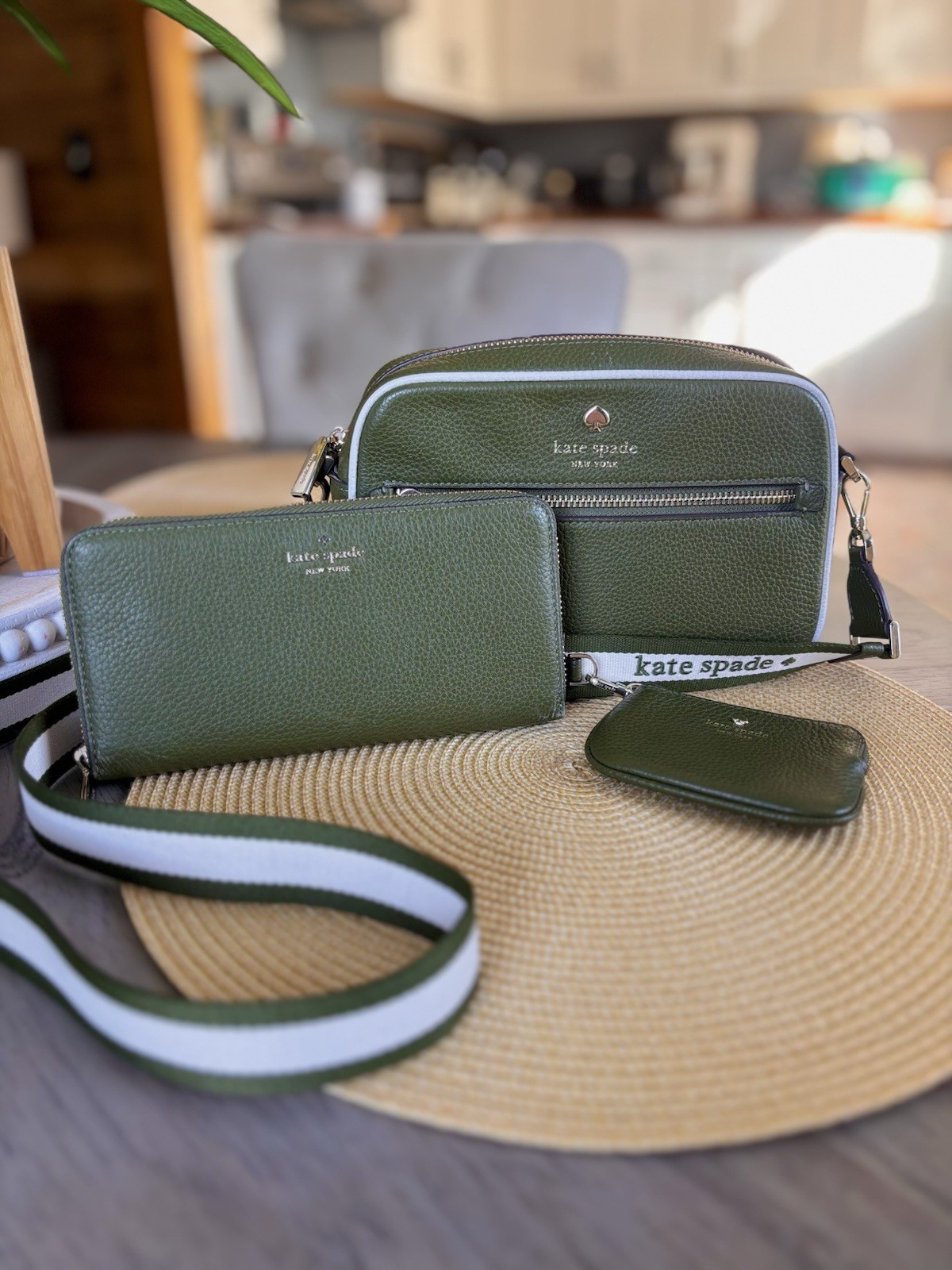 Kate Spade New York Crossbody Bag, Wallet, Change Purse Bundle (dark green)