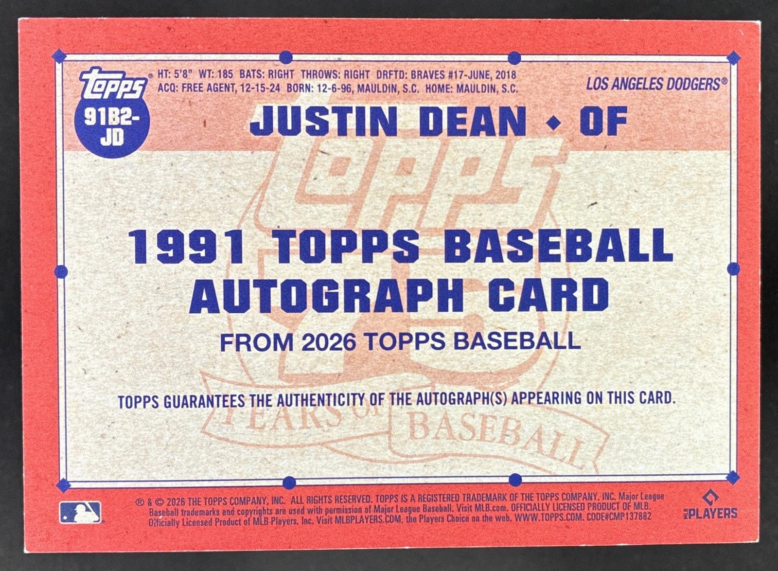 2026 Topps Update Justin Dean 1991 Baseball Auto FoilFractor RC #1/1 Dodgers view 2