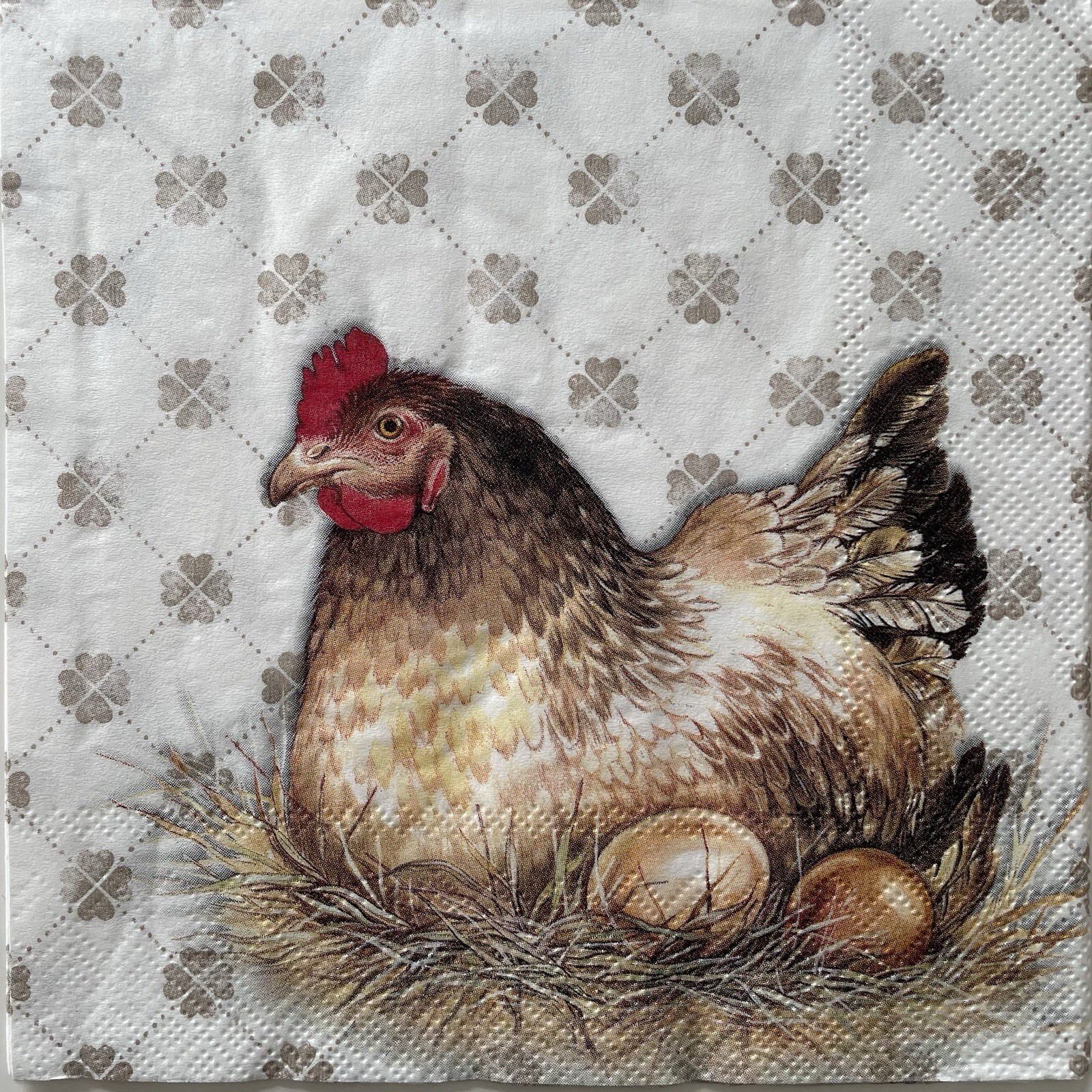 4 Luncheon paper napkins Jenny Hen Chicken Nest Eggs Farm for decoupage