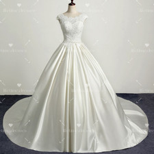 Satin Wedding Dresses Short Sleeves Vintage White Ivory Sweep Train Bridal Gowns