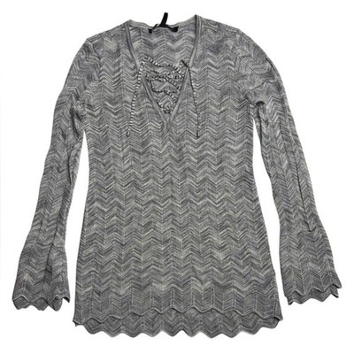 White House Black Market Chevron-patterned Lace-up Bell Sleeves Knit Blouse XS
