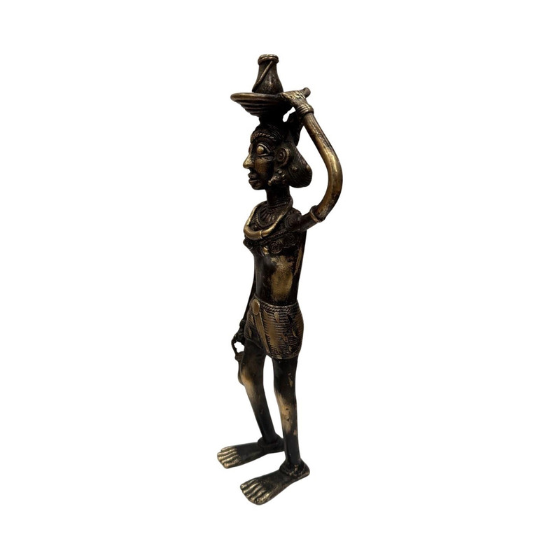 Bronze/Black Metal Standing Man Figurine Carrying Basket, Antique Finish, 3D