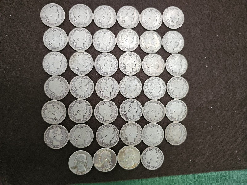 40 Silver Quarters,  37 Barber, 3 Washington pre64, Full dates in Very Good 