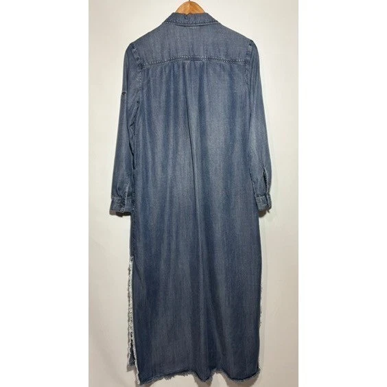 CHELSEA & VIOLET Denim Tencel Maxi Shirt Dress Size S Frayed Side Slits Pockets - Image 4 of 4