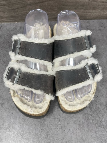 Birkenstock Arizona Shearling Sandals Size 39 (Womens 8) Grey White Slip On - Picture 3 of 9