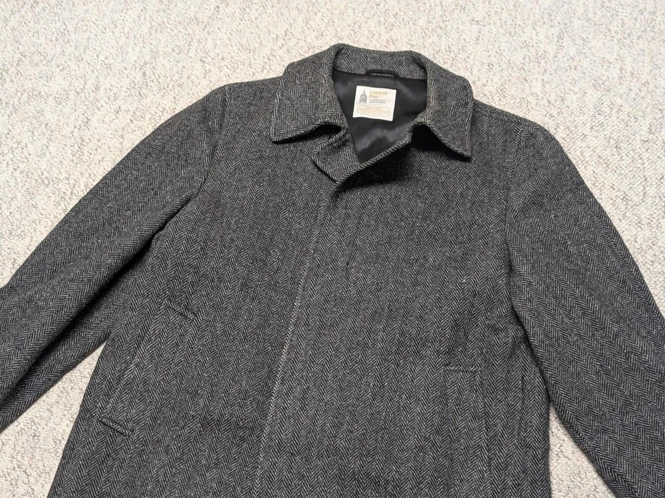 vintage TWEED herringbone OVERCOAT charcoal gray 46 donegal english wool XL - Image 4 of 4