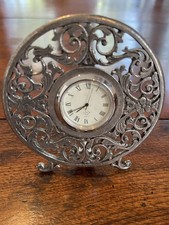 Vtg Lenox Quartz Kirk Stieff  Round Pewter Filigree Art Deco Mantle/Desk Clock