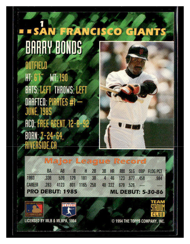 1994 Stadium Club Team #1 Barry Bonds | eBay