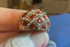 EXOTIC Gold Tone Red  Clear Crystal Dome Ring Size 7.5 New Statement Cocktail