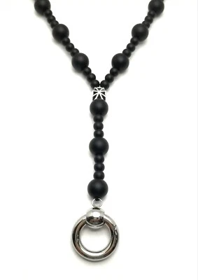 Damen Halskette Onyx stein Y-kette Perlenkette Runde Anhänger Verschluss - Bild 1 von 4