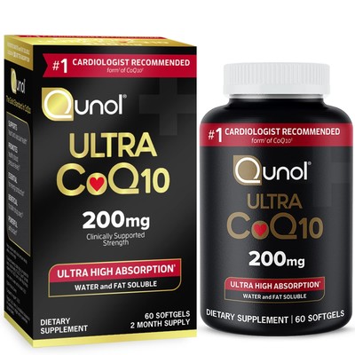 Qunol CoQ10 200mg Softgels, Ultra CoQ10 - Ultra High Absorption Coenzyme Q10 ...