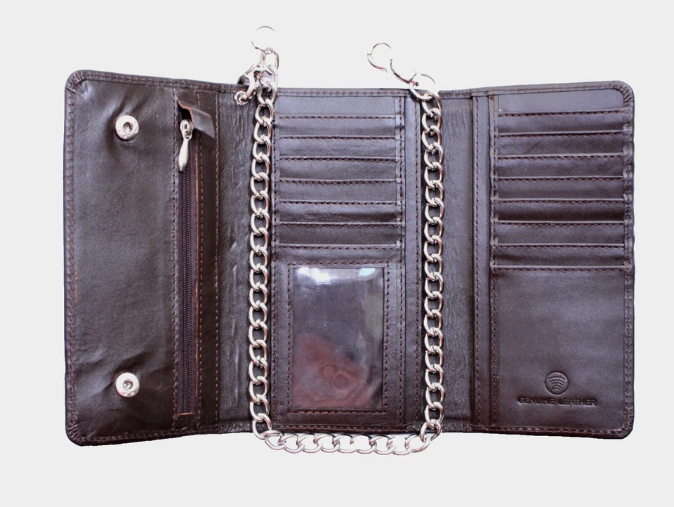 RFID Signal Biker's Trucker Brown Cross Embossed on Leather Trifold Chain Wallet - Image 3 of 4