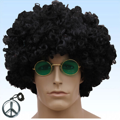 Afro Spar Set 70er Afro Perücke Medaillon + Brille Flower Power Lockenperücke