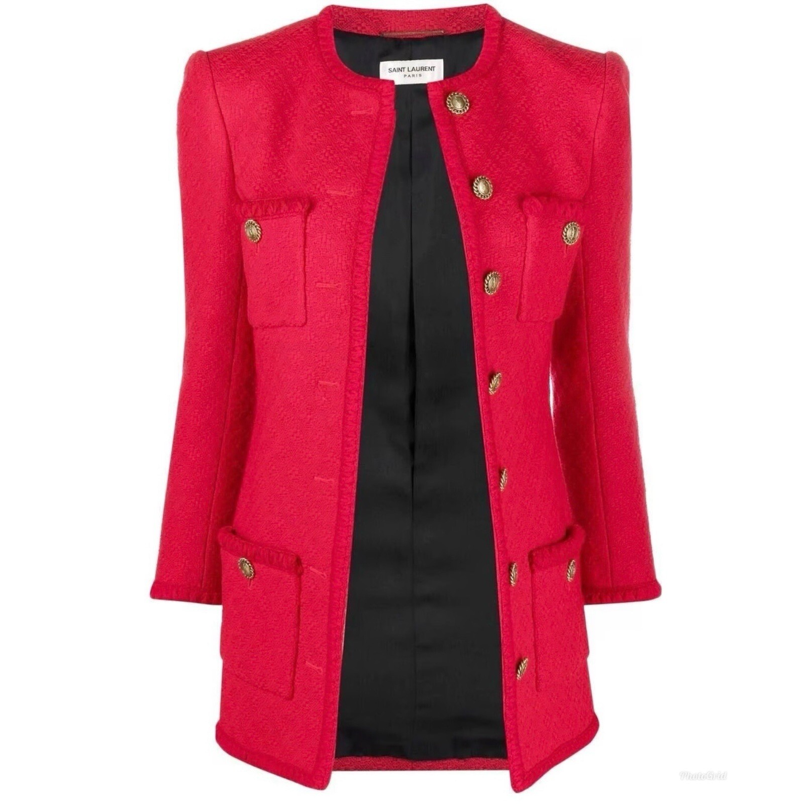 Cappotto con bottoni Saint Laurent Diamante In rilievo Tweed Dettaglio Intreccia Oro Rosso YSL