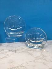 Pilgrim Glass Tall Ship Bookends Crystal Art Glass with Label Boat Vintage
