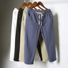 Men Linen Cotton Harem Pants Baggy Loose Cropped Trouser Solid Drawstring Casual