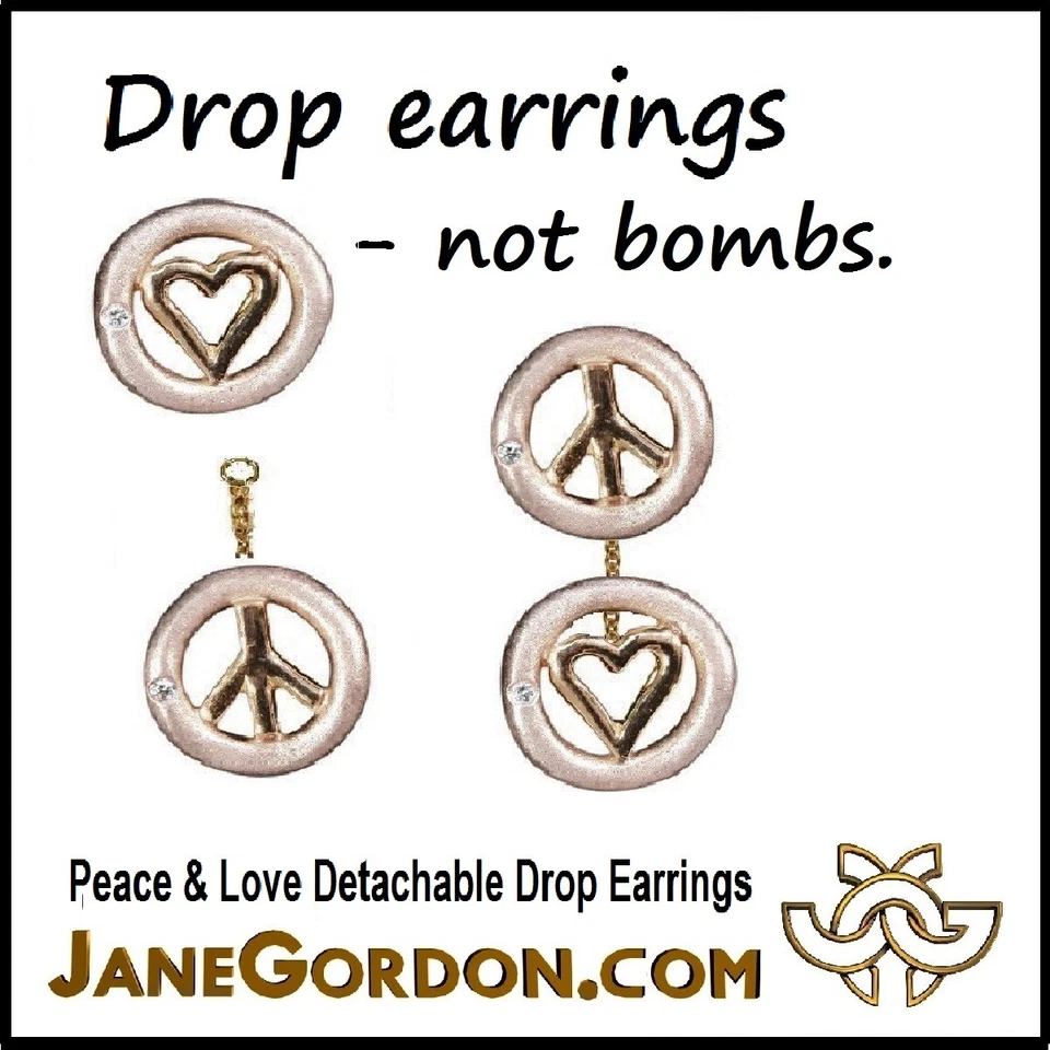 NEW: Peace & Love Earrings-Sterling Silver-Solid 18K Gold-Tiny Diamonds-Handmade - Image 3 of 4