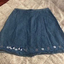 Vintage Disney Blue Denim A-Line Skirt with MICKY and Minnie embroidery hem XL