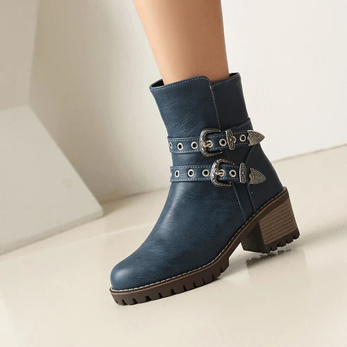 Women Booties Mid Chunky Heel Round Toe Zip Up Casual Buckle Fashion Ankle Boots - Bild 14 von 29