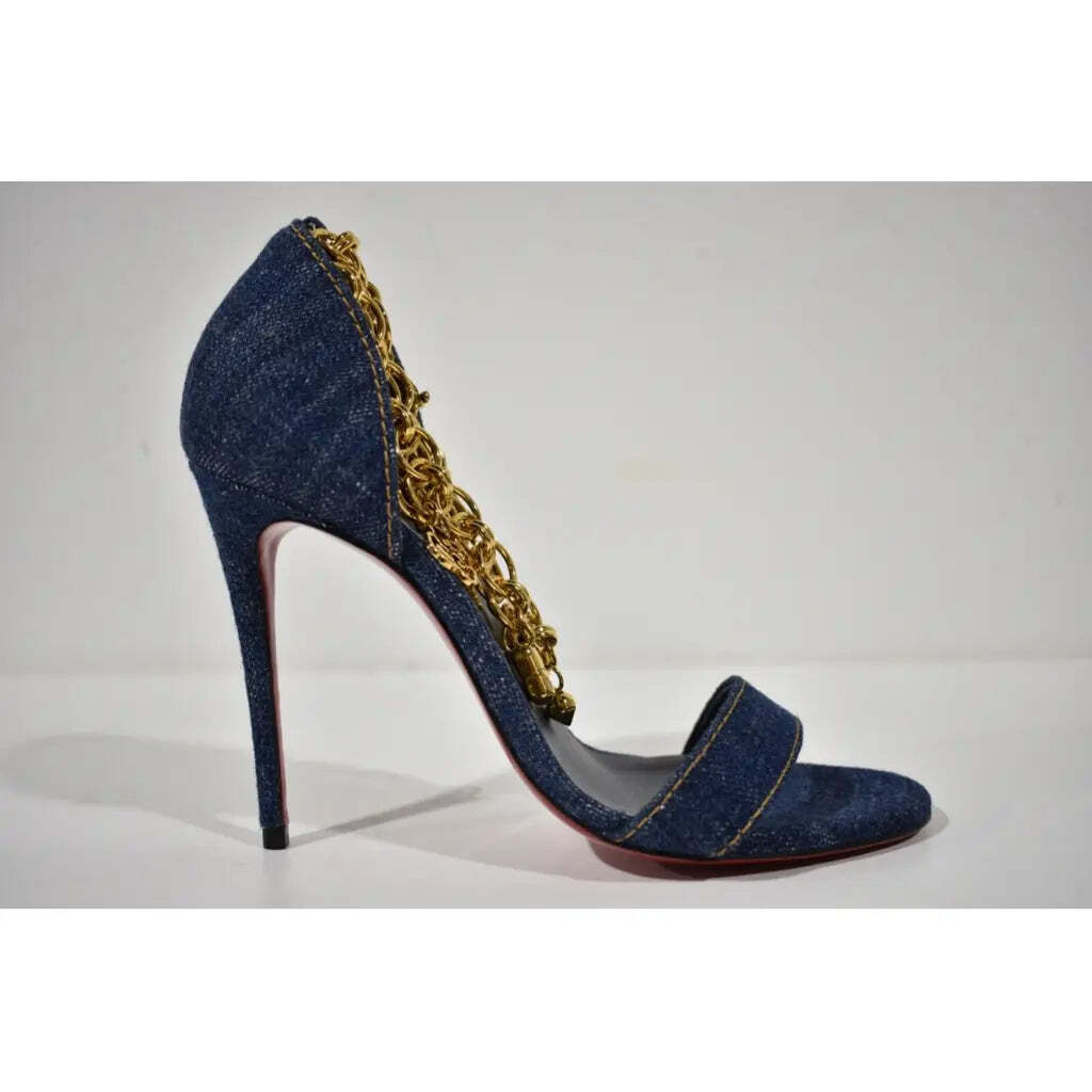 Christian Louboutin Gourmi Sandal 100 Denim Gold Charm Ankle Strap