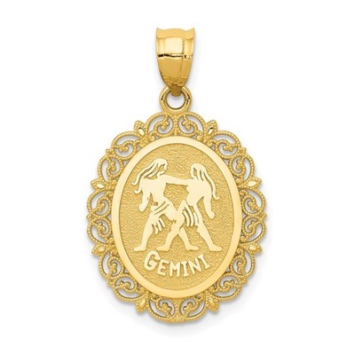 14k Gelbgold massiv satiniert poliert Zwillinge Sternzeichen oval Anhänger