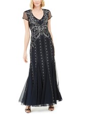 Adrianna Papell Womens Beaded Gown Dress, Blue, 16
