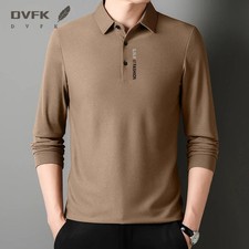 New Men's Business Casual Long Sleeved Shirt with Badge Solid Color Polo Shirt F