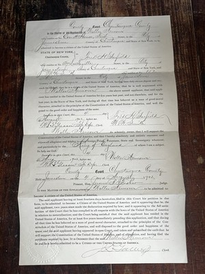 United States (State of New York) 1902 Certificate of Citizenship Signed Stamped
