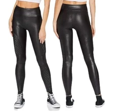 SPANX Faux Leather Moto Leggings Women's Large Seamed Shine Stretch Tummy Flat