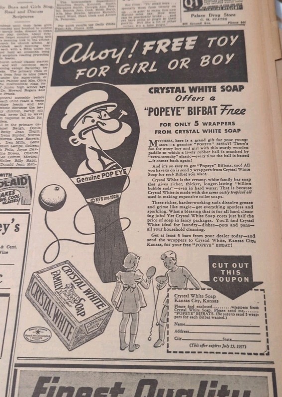 JUNE 4, 1937 NEWSPAPER PAGE #2148-    POPEYE BIFBAT FREE!- AHOY!