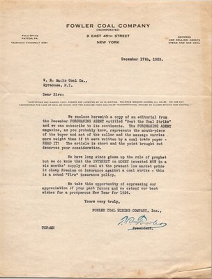 1923 Fowler Coal Company Letter New York Coal Industry Ephemera