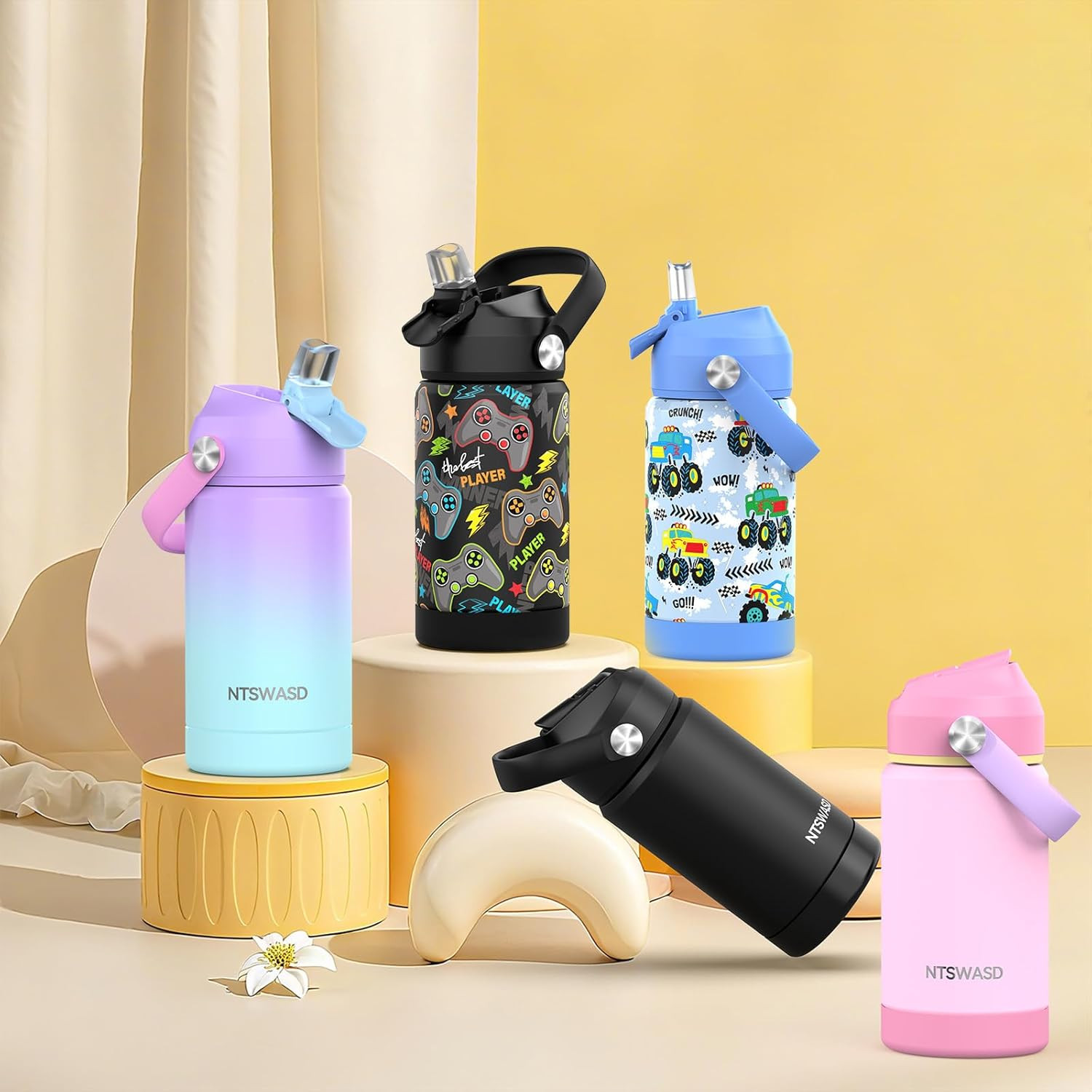 Kids Insulated Water Bottle with Straw,12 oz Kids Cups with Stainless Steel Leak