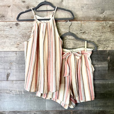 Roan + Ryan Evereve NWT Beau Stripe Gauze Halter Top Tie Waist Short Set M Beach