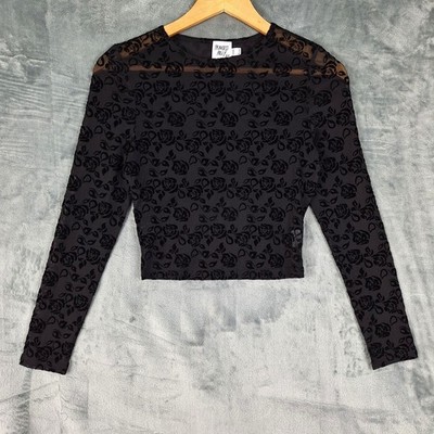 Womens Top 4 Black Whimsigoth Sheer Floral Fairy Grunge Velvet Burnout Cropped