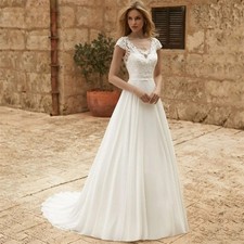 Elegant A-Line Wedding Dress Women Lace Illusion O-Neck Chiffion Bridal Gown