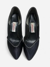 Vintage UPSTAGE Black Satin Pointed Toe Stiletto Heels Rhinestone Studded